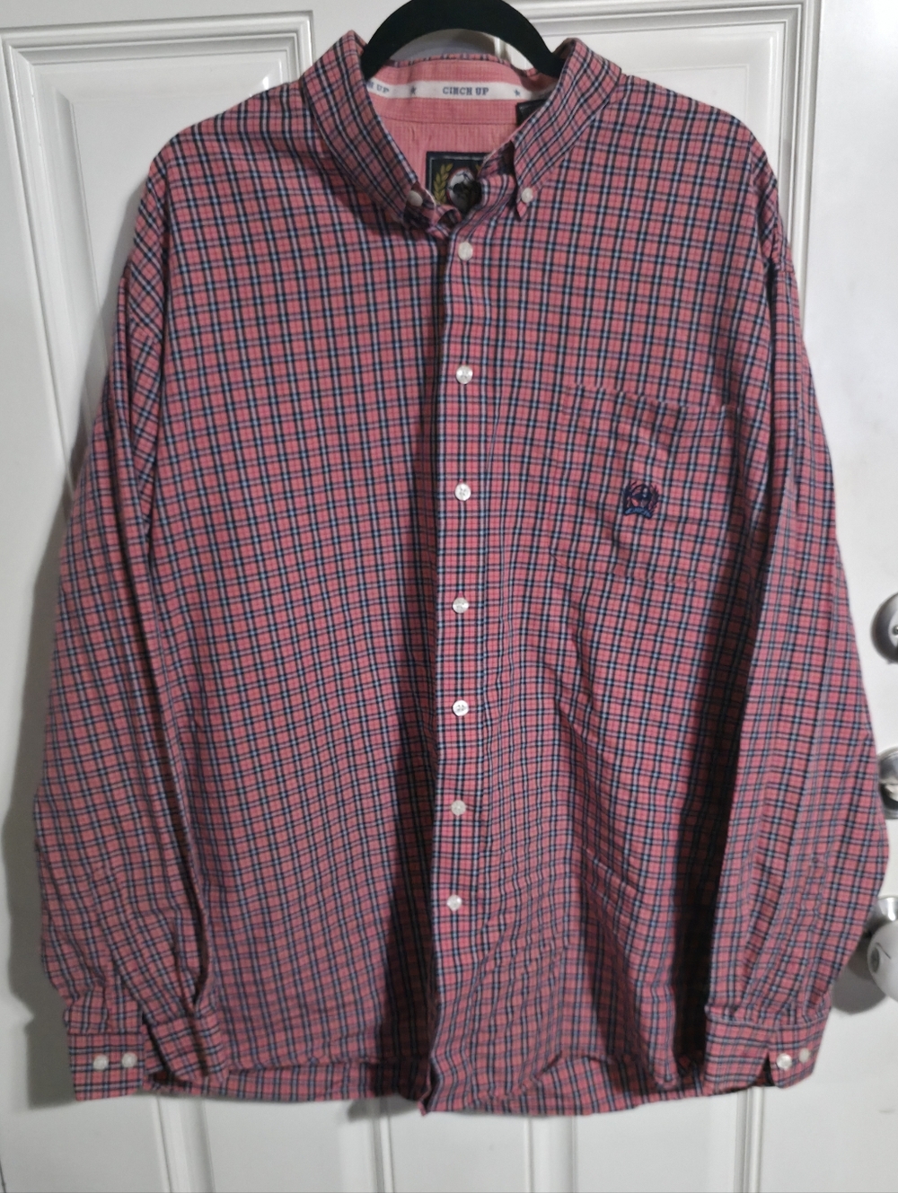 Cinch Men's Pink Blue Plaid Cotton Button-Down Long Sleeve Shirt XXL